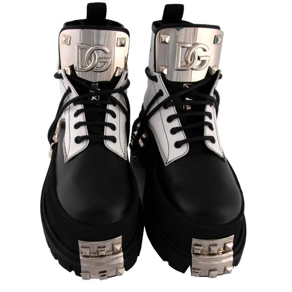 Dolce & Gabbana - Platform Leather Biker Combat Boots with Logo and Studs Black - Picture 5 of 5
